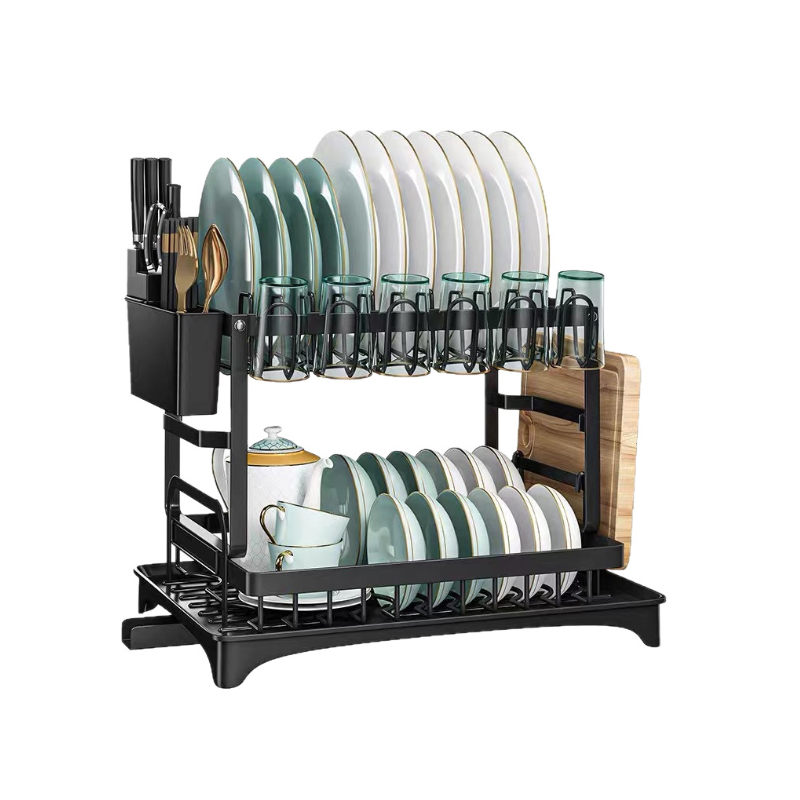 Rejilla para secar platos de acero inoxidable de 2 niveles con escurridor